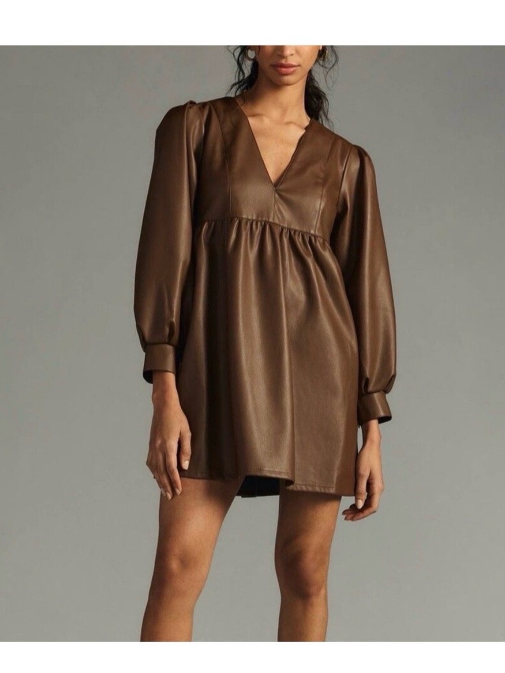 Anthropologie Brown Faux Leather Babydoll V-Neck Mini Dress